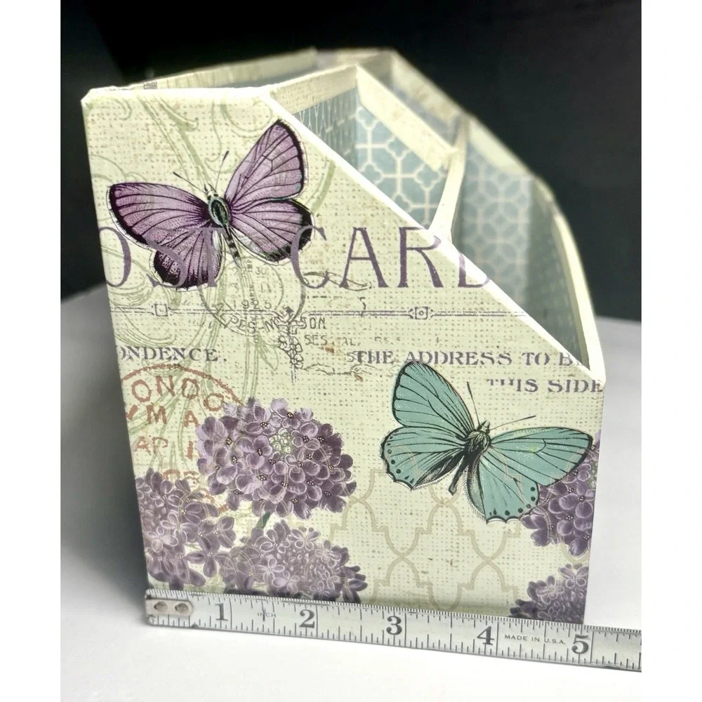 Desk Organizer 4 Compartments Vintage Aesthetic Butterflies Stamps Travel Postal